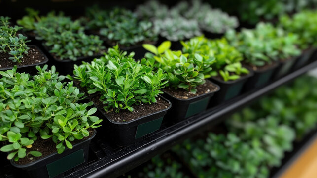 Rows of diverse seedlings in eco friendly pots show vibrant greens and fresh growth Each pot features label containing plant name and care information, creating engaging shopping experience