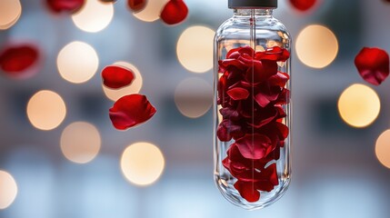 transparent iv bag filled floating red rose petals hangs gracefully liquid inside swirls softly, creating romantic atmosphere captivates senses