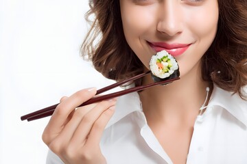 Woman smiling while holding sushi with chopsticks, showcasing culinary delight in a bright setting