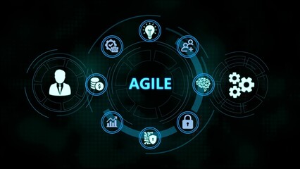 Agile software development concept depicted with circular icons and modern design aesthetic