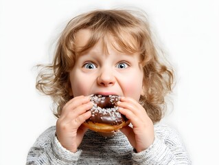 Happy child with curly hair excitedly holding a chocolate donut with sprinkles in a bright setting