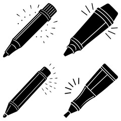 Illustration of four black markers with different designs and light effects on a white background