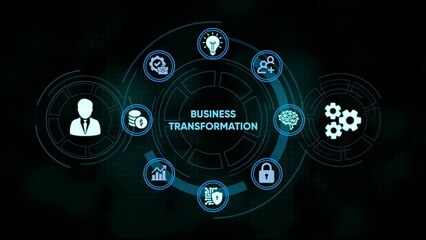 Business transformation infographic showing modern concepts for strategy and development on dark background