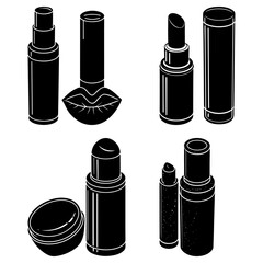 Obraz premium Illustration showing various styles of lipsticks and lip balms in black and white aesthetic design