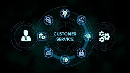 Digital customer service concept represented by circular icons on a dark technology background