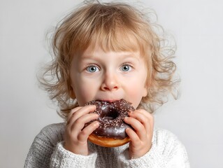 Young child with curly hair joyfully holding a chocolate donut, smiling against a neutral background