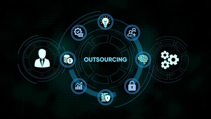 Business outsourcing concept represented with various icons on a digital futuristic background