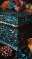 Beautifully crafted blue metal box adorned with intricate floral designs and surrounded by colorful flowers