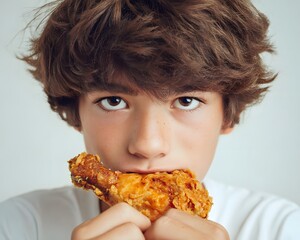 Young boy enjoying a crispy fried chicken leg, with a neutral background highlighting his expression