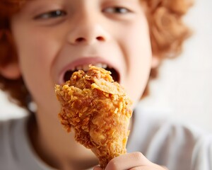 Young boy enjoying a crispy chicken drumstick, smiling with excitement in a bright kitchen setting
