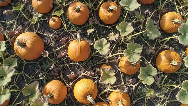 Overhead shot of pumpkins growing with vines and green and brown leaves on dark soil