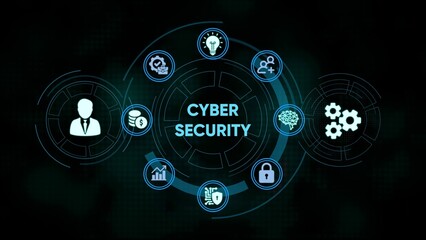 Cyber security concept depicted with various icons and futuristic circular diagram
