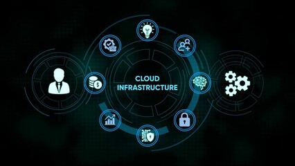 Cloud infrastructure illustration depicting technology, security, business, and network concepts.