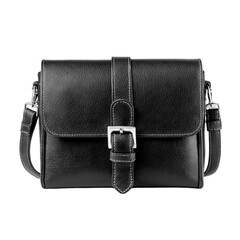 Black leather shoulder bag with silver buckle. Isolated white background. Png format
