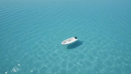 Small White Boat Floating on Calm Blue Water with Reflection