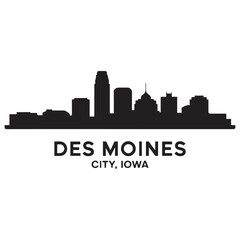 Obraz premium Des moines skyline horizontal banner. Des moines City, Iowa. Vector template for your design.Vector black silhouette. with white background