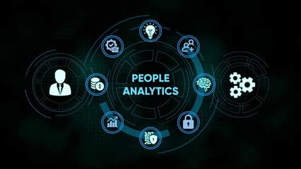 Illustrative people analytics concept with icons representing workforce management and hr data insights