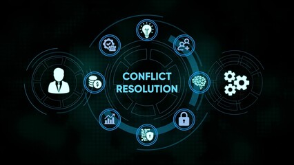 Conflict resolution concept represented by a circular infographic on a dark background.