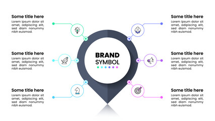 Infographic template. Pointer with 6 icons and text