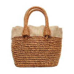 Brown woven straw handbag with fabric lining. Isolated white background. Png format
