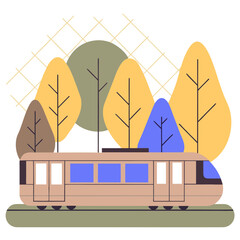Tram in autumn park with colorful trees flat illustration