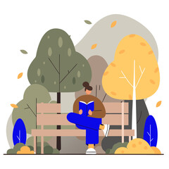 Man reading book on park bench in autumn flat illustration