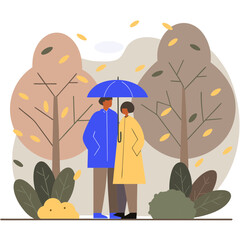 Couple under umbrella in autumn park flat illustration