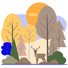 Deer standing in autumn forest with colorful trees flat illustration