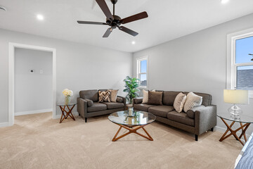 Living room with a brown couch and a glass coffee table