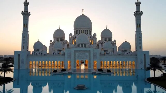 The sheikh zayed grand mosque in abu dhabi, uae, stands majestically at sunset, its white marble reflecting in the tranquil pool
