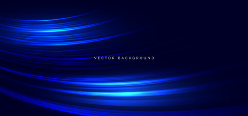 Speed motion movement horizontal blue curved lines on drak blue background with sparkle.