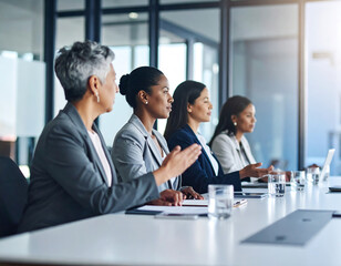 Businesswomen making strategic decisions in boardroom meeting