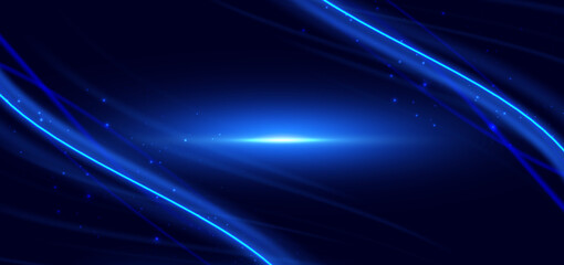 Blue wave  light rays with lighting effec sparkle on dark blue background.