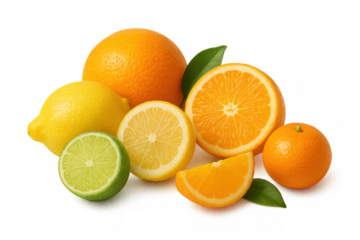Citrus fruits sliced and whole, oranges, lemons, limes displaying bright colors against transparent background