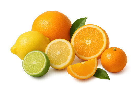 Citrus fruits sliced and whole, oranges, lemons, limes displaying bright colors against transparent background