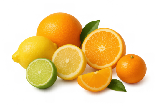 Citrus fruits sliced and whole, oranges, lemons, limes displaying bright colors against transparent background