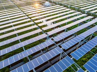 Solar photovoltaic power plant at sunset