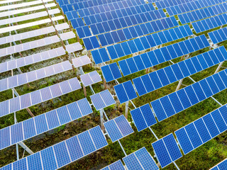 Solar photovoltaic power plant at sunset