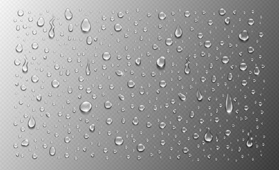 Realistic water drops on transparent background, ideal for weather effects, glass textures, or moisture design elements.
