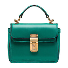 Emerald green satchel bag with gold hardware. Isolated white background. Png format