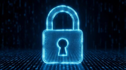 Glowing digital padlock symbol in blue stands out against a dark backdrop of binary code, illustrating concepts of cybersecurity, data protection, and encryption in a contemporary tech-focused setting - Powered by Adobe