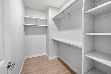 White closet with shelves and a door