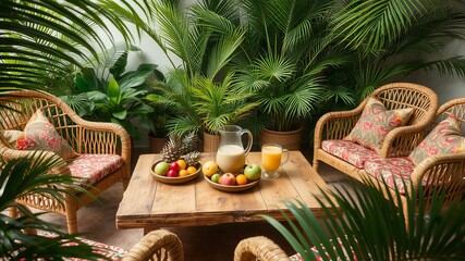 Tropical retreat with wicker furniture, lush plants, and a table laden with fresh fruit and juice
