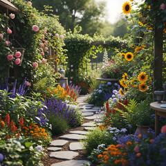 A stone path winds through a lush garden filled with colorful flowers, sunflowers, and climbing roses on trellises.