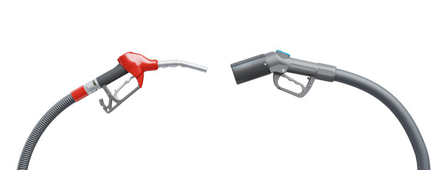 Gasoline fuel nozzle and hydrogen nozzle isolated transparent background. Graphical representation of market rivalry among fuel energy providers. 3D illustration