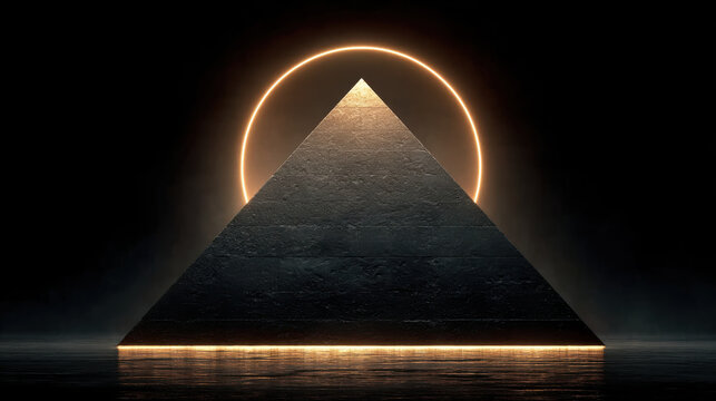 Striking black pyramid with golden tip is illuminated from above, creating captivating visual effect against dark background. scene evokes sense of mystery and wonder