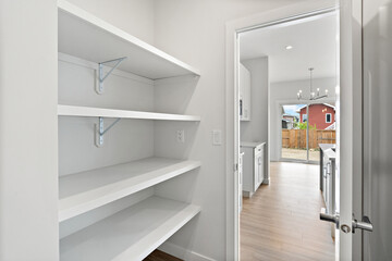 White pantry with shelves and a door leading to a kitchen