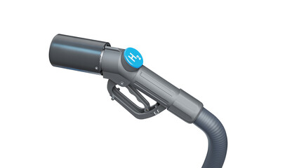 Hydrogen fuel nozzle isolated transparent background. Fueling pistol engineered to efficiently deliver hydrogen gas into vehicles. 3D illustration