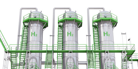 Green hydrogen gas storage isolated on transparent background. Green hydrogen generated by splitting water through zero-emission electrolysis. 3D illustration
