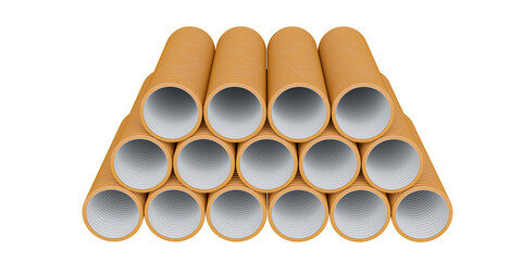 Front view of piled yellow plastic pipes isolated on transparent background. 3D illustration.